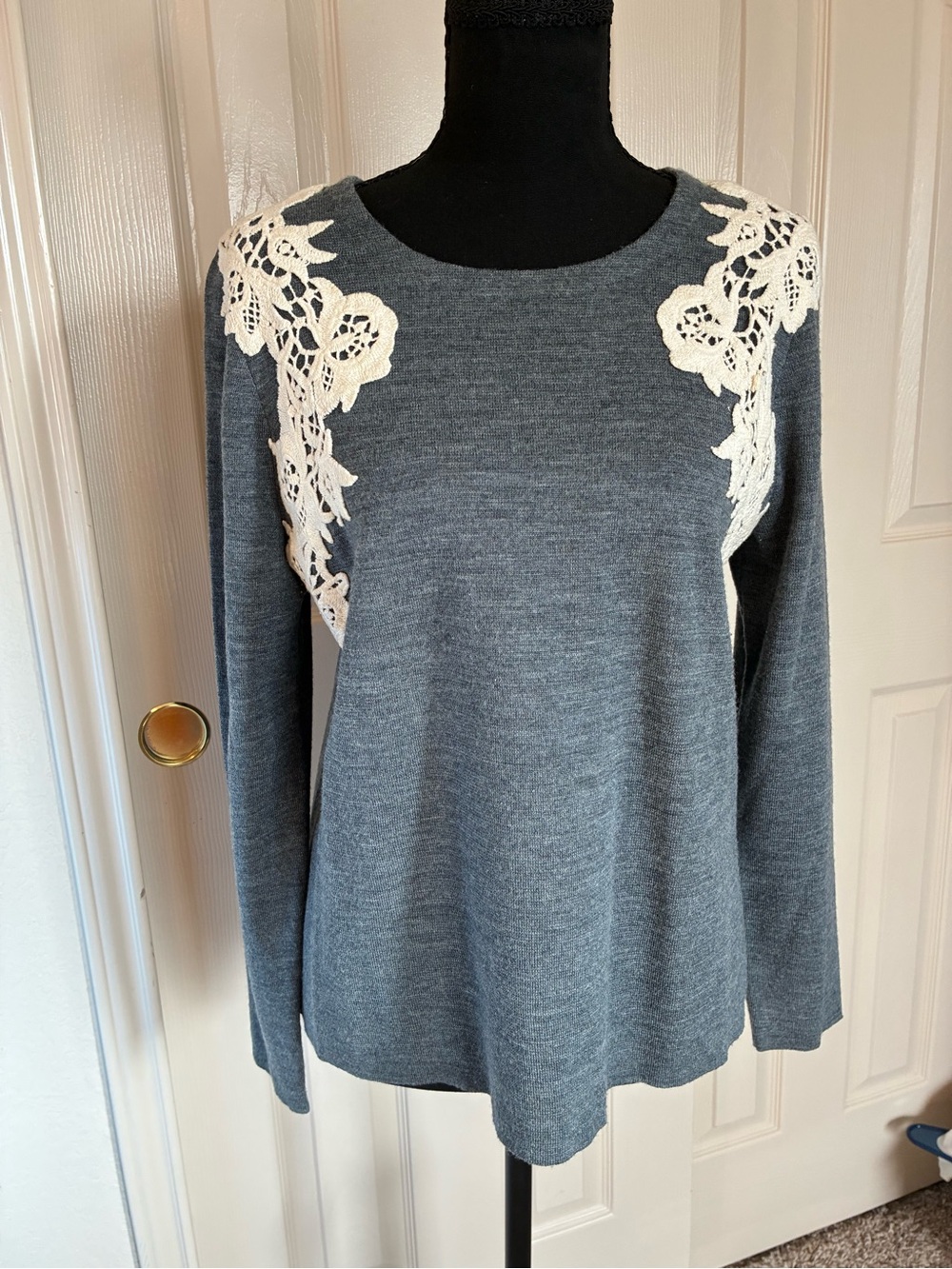 J. Crew Gray Sweater Top with Cream Lace Shoulders